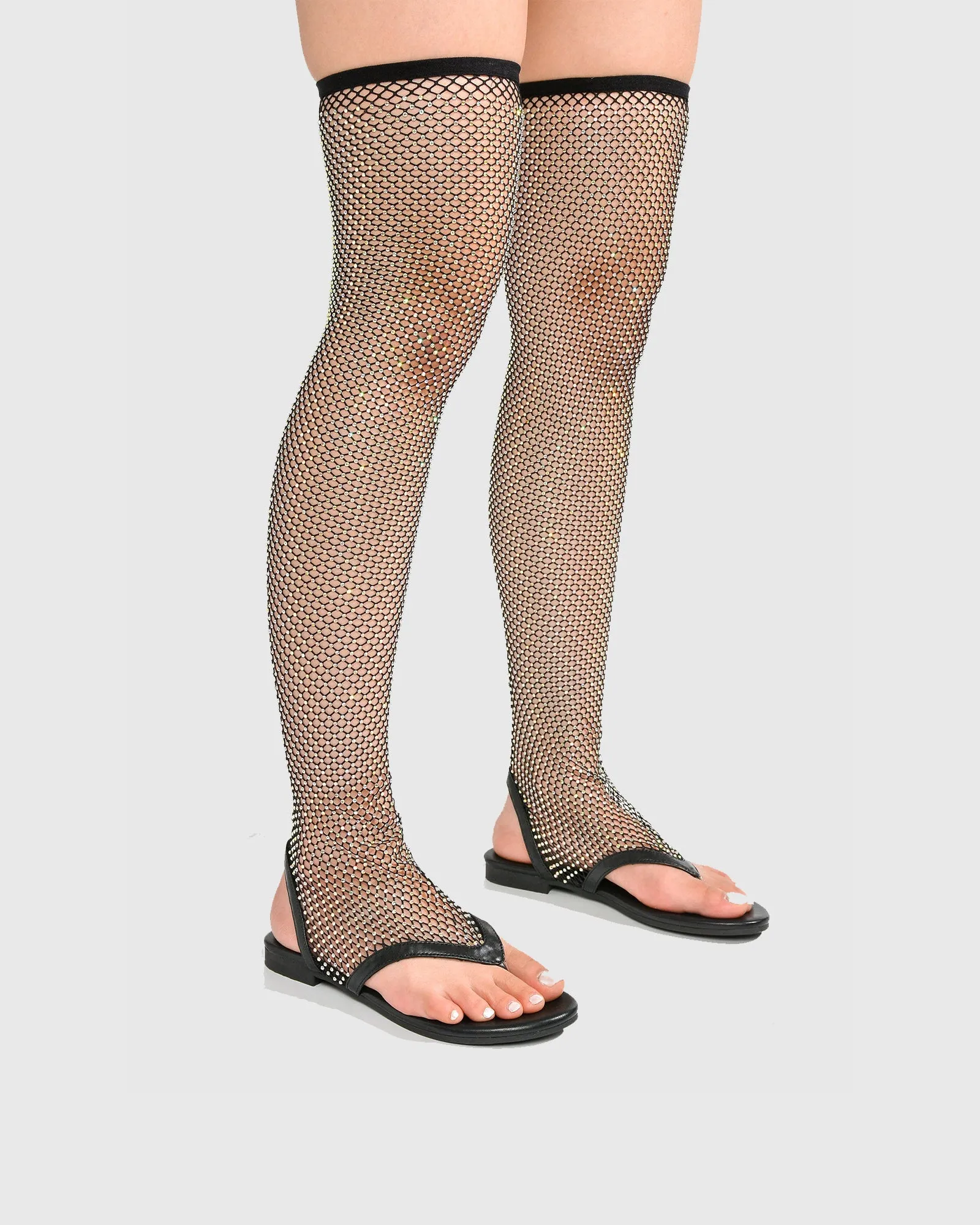 Mia Diamond Mesh Thong Flats In Black