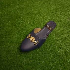 Navy Buckle Mules In Flat Sole