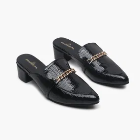 Patent Block Heel Pointed Mules