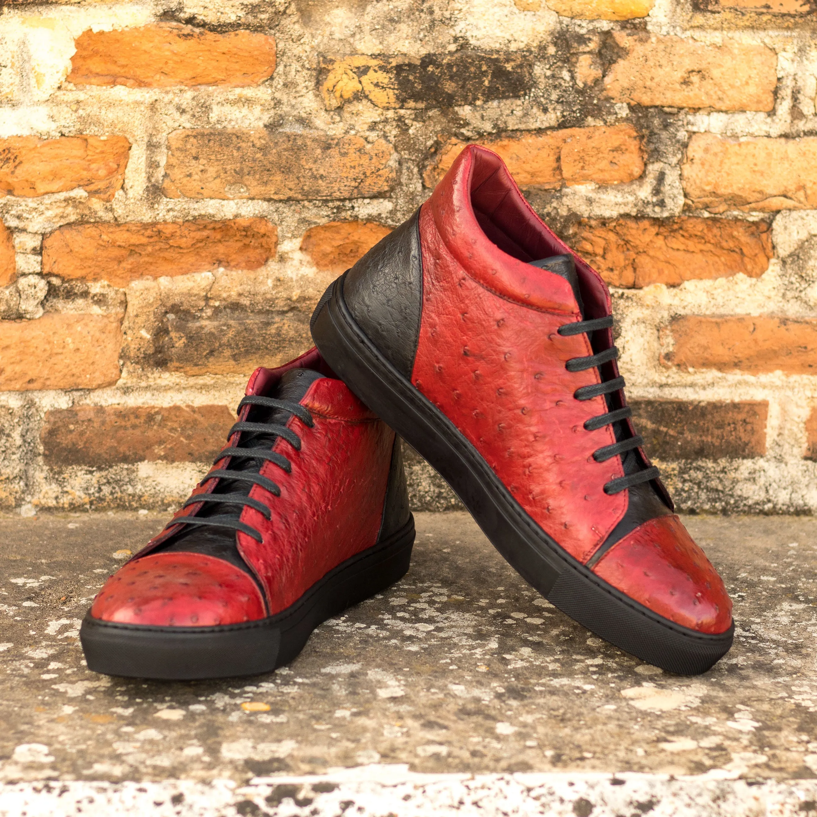 Red & Black Ostrich Leather High-Top Sneakers