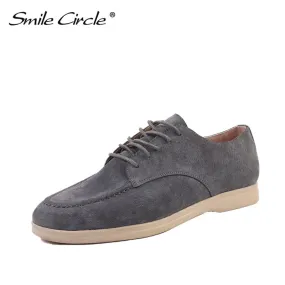 Smile Circle suede leather women loafers flat shoes autumn ladies shoes cross straps cool tide color large size 36-41
