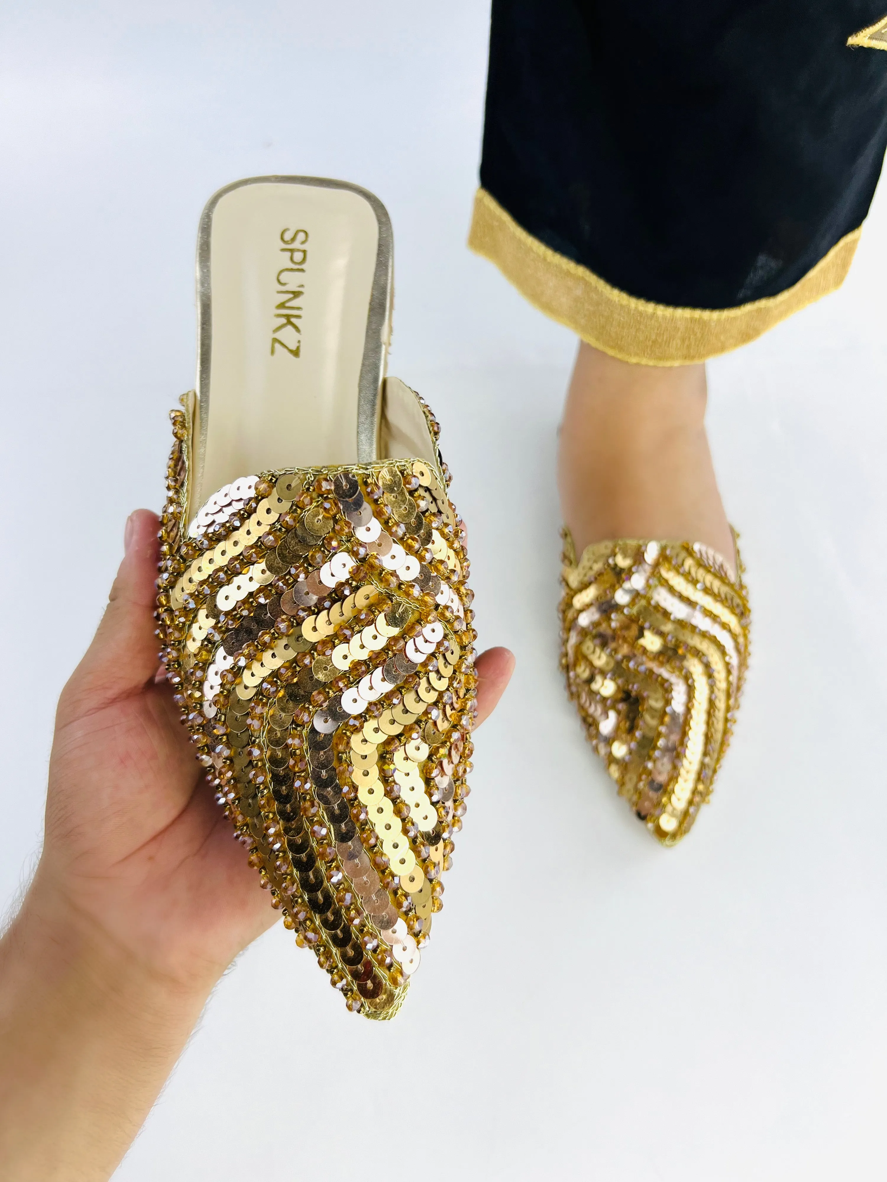 Spunkz Gold Sequins Mules for Wedding and Baraat Bridal Wear