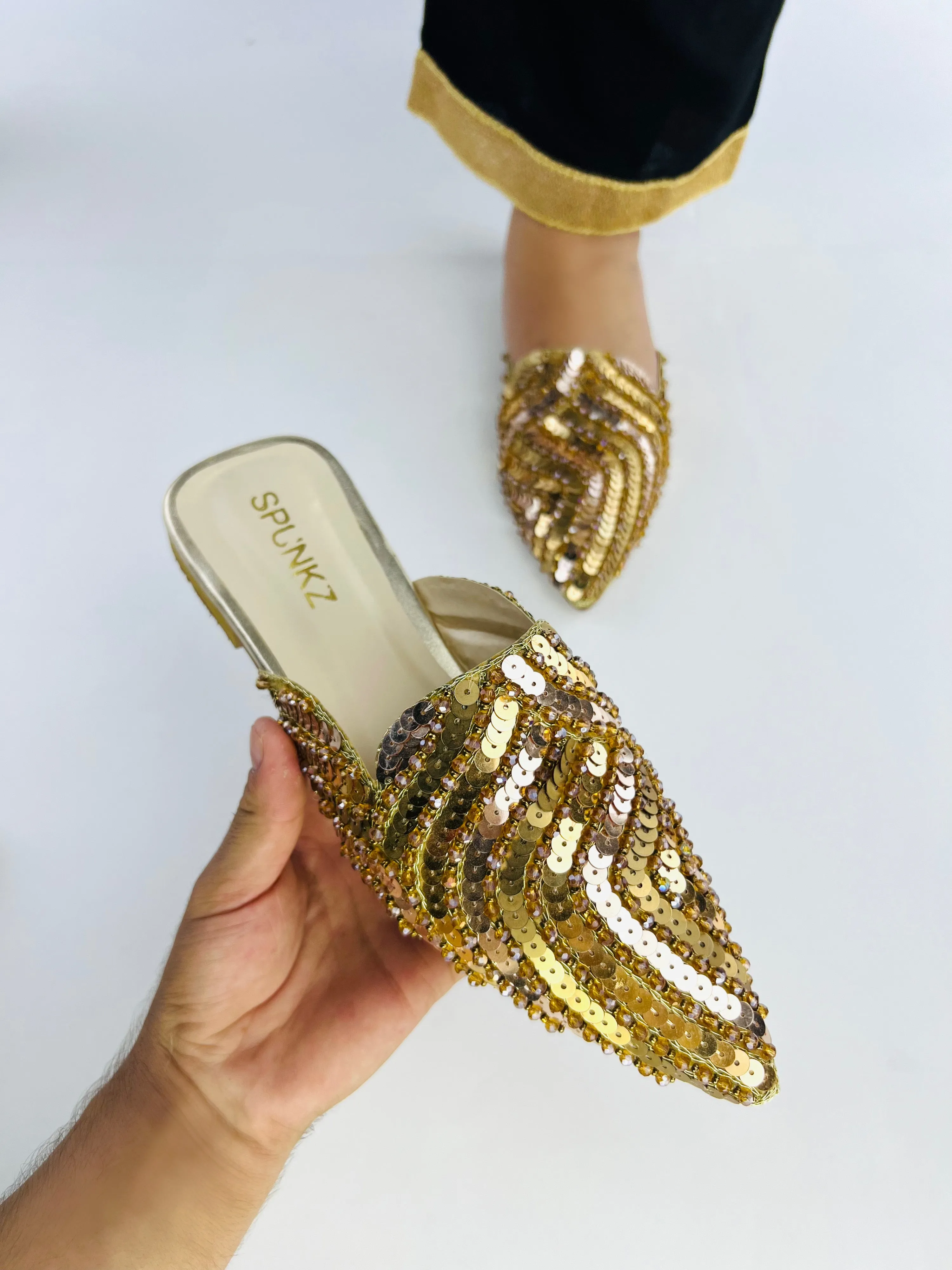 Spunkz Gold Sequins Mules for Wedding and Baraat Bridal Wear