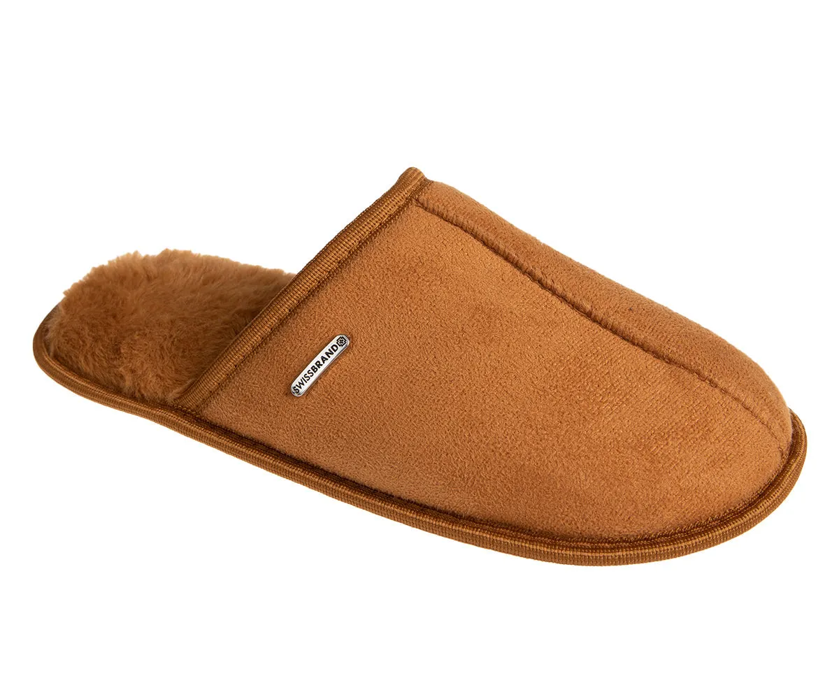 SWISSBRAND Microsuede Fuzzy  House Slippers for Men Indoor Outdoor, Warm Footwear Cozy Mens Slippers