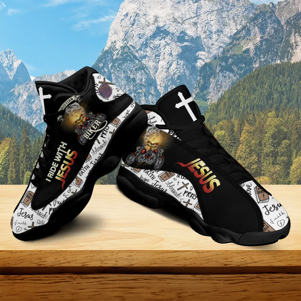 Teesdily | Christian Biker I Ride With Jesus Basketball Shoes, Walk By Faith Running Shoes, Jesus Faith Pray Cross Motorcycle Shoe