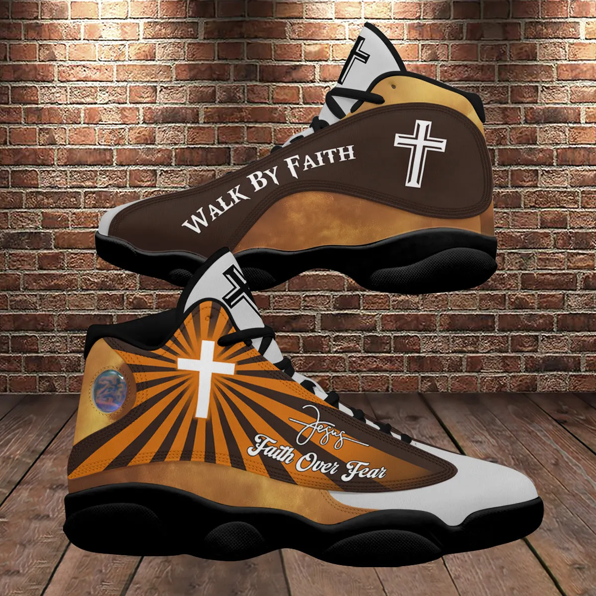 Teesdily | Christian Jesus Basketball Shoes, Religious Gift For Mom, Faith Over Fear Shoes, Walk By Faith Unisex Shoes, Christian Footwear Gift
