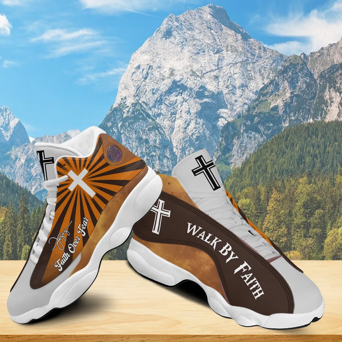 Teesdily | Christian Jesus Basketball Shoes, Religious Gift For Mom, Faith Over Fear Shoes, Walk By Faith Unisex Shoes, Christian Footwear Gift