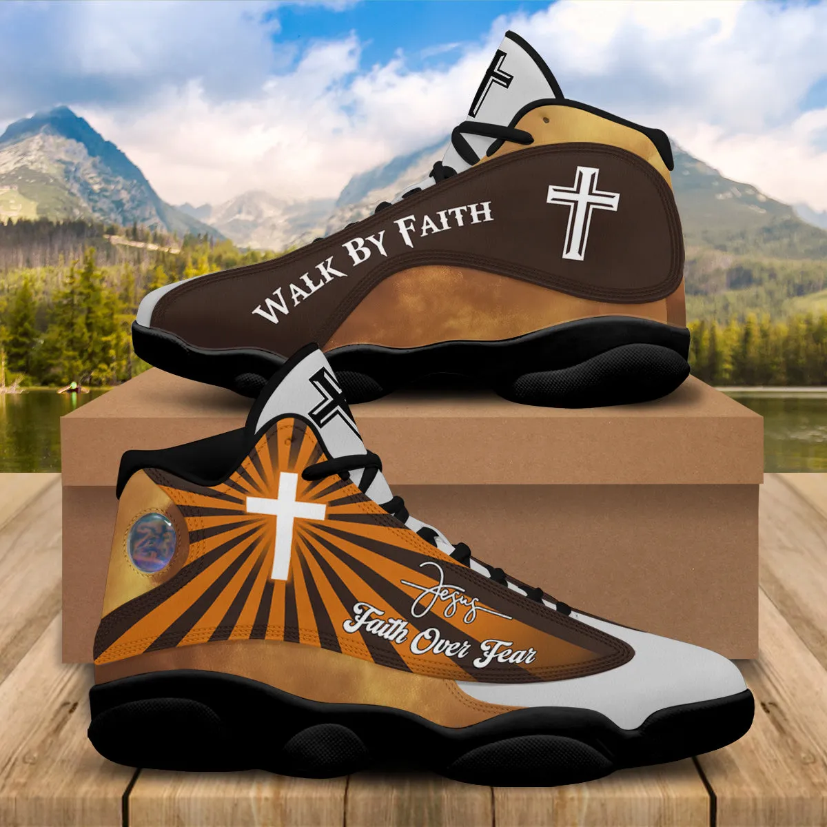 Teesdily | Christian Jesus Basketball Shoes, Religious Gift For Mom, Faith Over Fear Shoes, Walk By Faith Unisex Shoes, Christian Footwear Gift