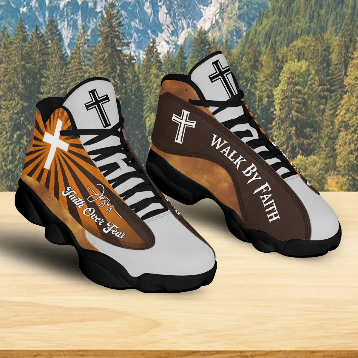 Teesdily | Christian Jesus Basketball Shoes, Religious Gift For Mom, Faith Over Fear Shoes, Walk By Faith Unisex Shoes, Christian Footwear Gift