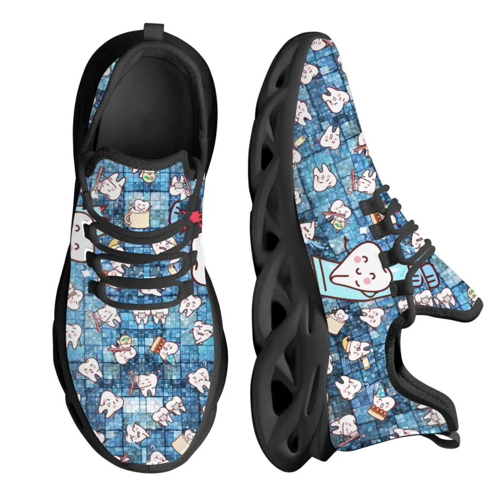 Women Flats Cartoon Lattice Tooth Pattern Casual Shoes Breathable Mesh Female Sneakers Zapatos Mujer