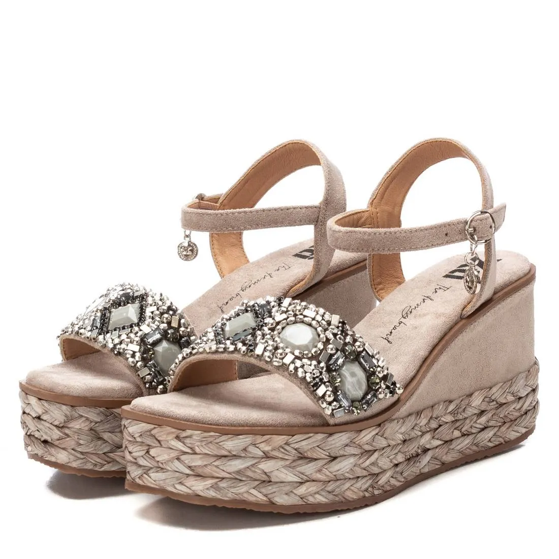 XTI Beige Beaded Wedge Sandals