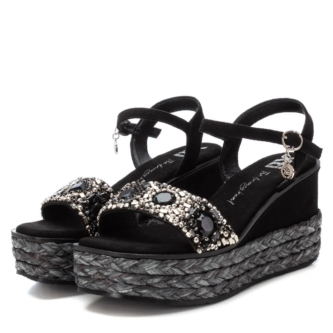 XTI Black Beaded Wedge Sandals