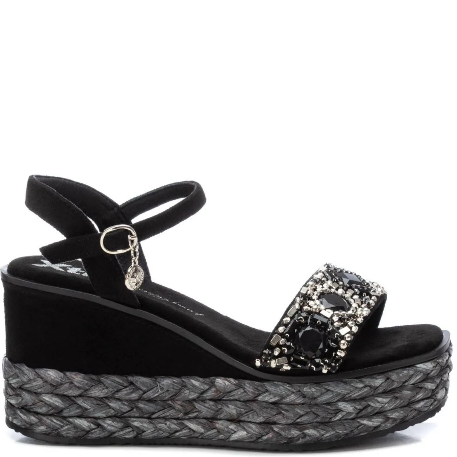 XTI Black Beaded Wedge Sandals