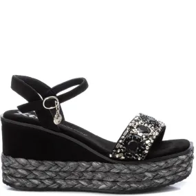 XTI Black Beaded Wedge Sandals