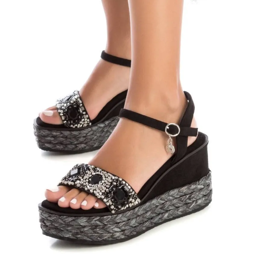 XTI Black Beaded Wedge Sandals