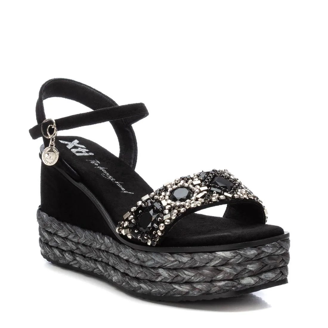 XTI Black Beaded Wedge Sandals